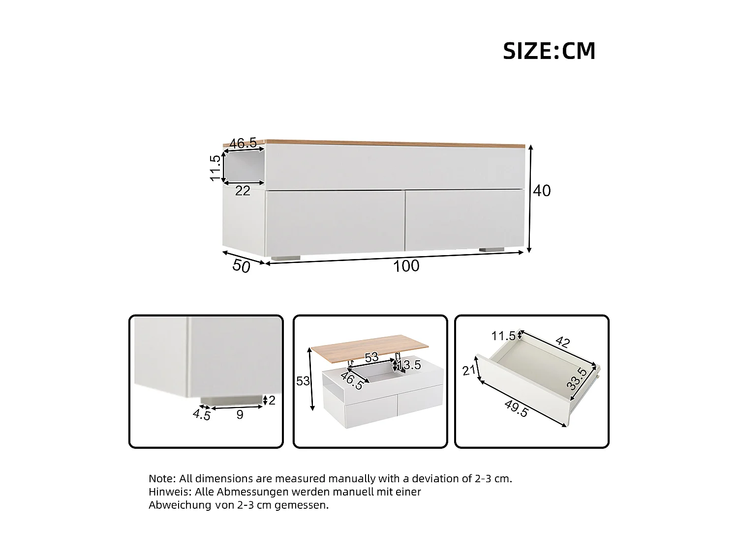 Table basse réglable avec 2 tiroirs, stockage caché, design moderne, MDF + bois, blanc + bois naturel (100x50x40 cm)