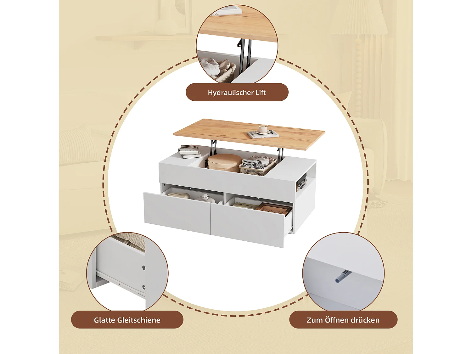 Table basse réglable avec 2 tiroirs, stockage caché, design moderne, MDF + bois, blanc + bois naturel (100x50x40 cm)