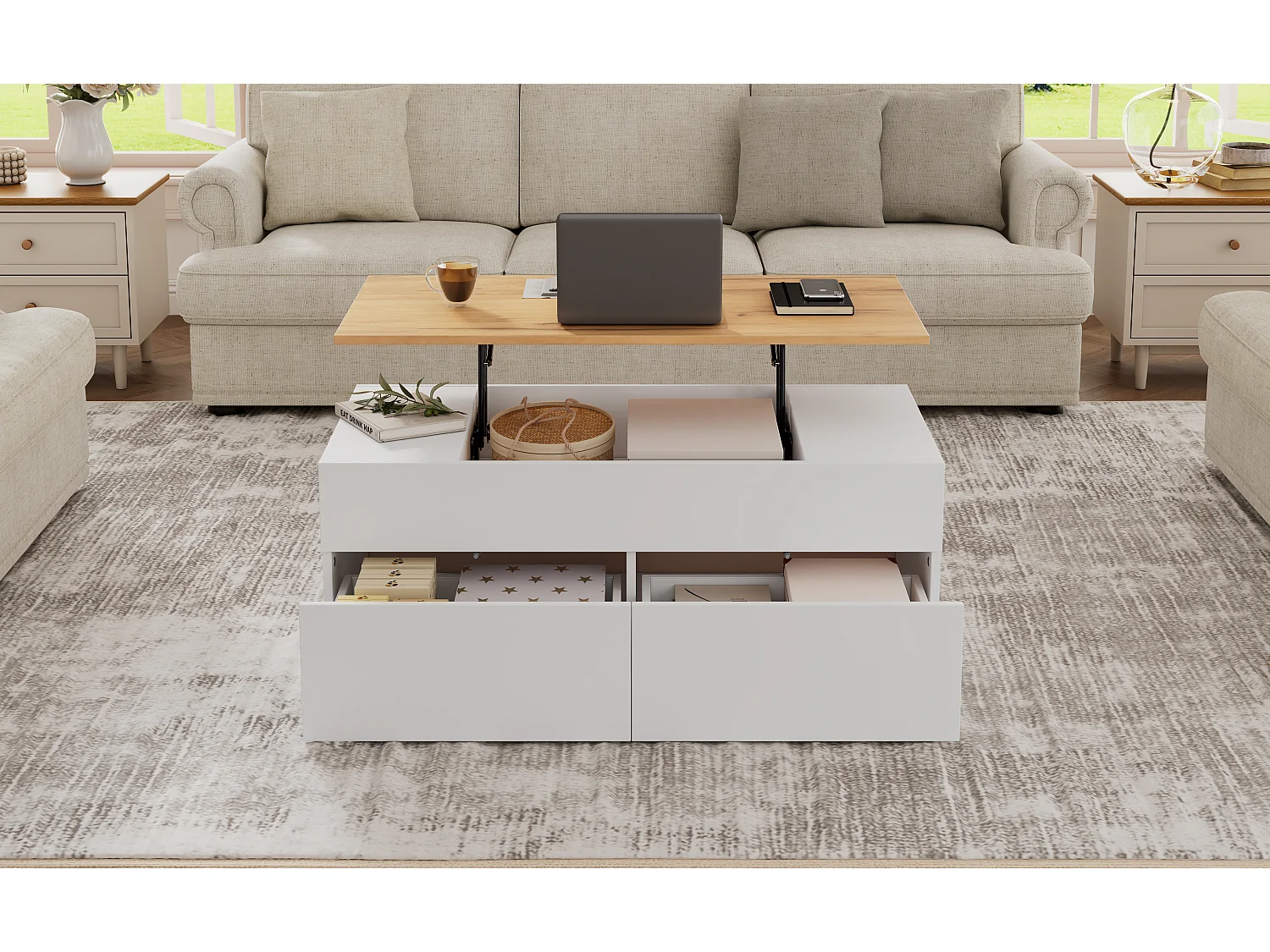 Table basse réglable avec 2 tiroirs, stockage caché, design moderne, MDF + bois, blanc + bois naturel (100x50x40 cm)