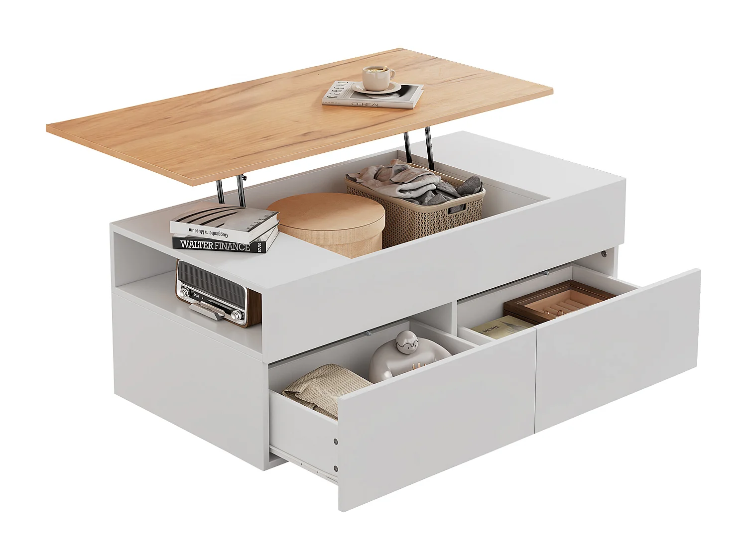 Table basse réglable avec 2 tiroirs, stockage caché, design moderne, MDF + bois, blanc + bois naturel (100x50x40 cm)