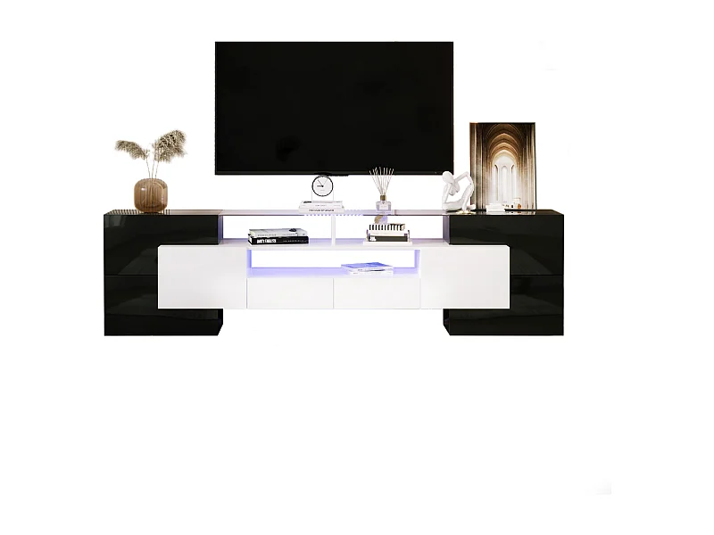Meuble TV avec LED et surface en verre, hautement brillant, noir et blanc, 200 cm (200x35x60 cm)