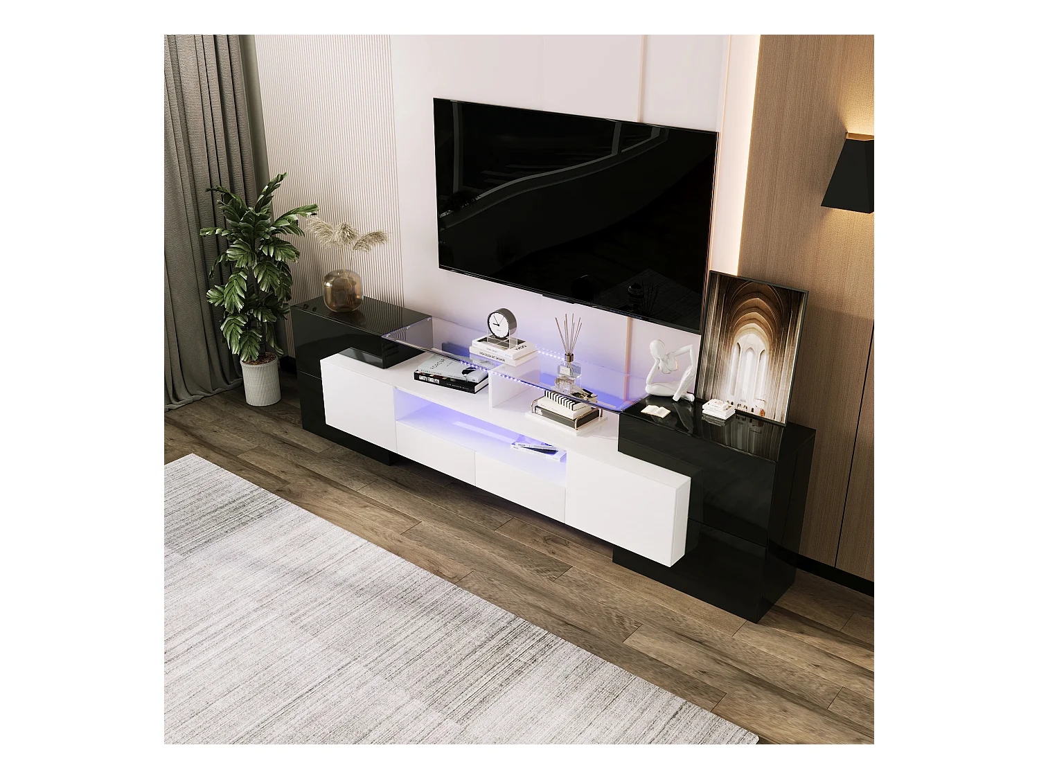 Meuble TV avec LED et surface en verre, hautement brillant, noir et blanc, 200 cm (200x35x60 cm)