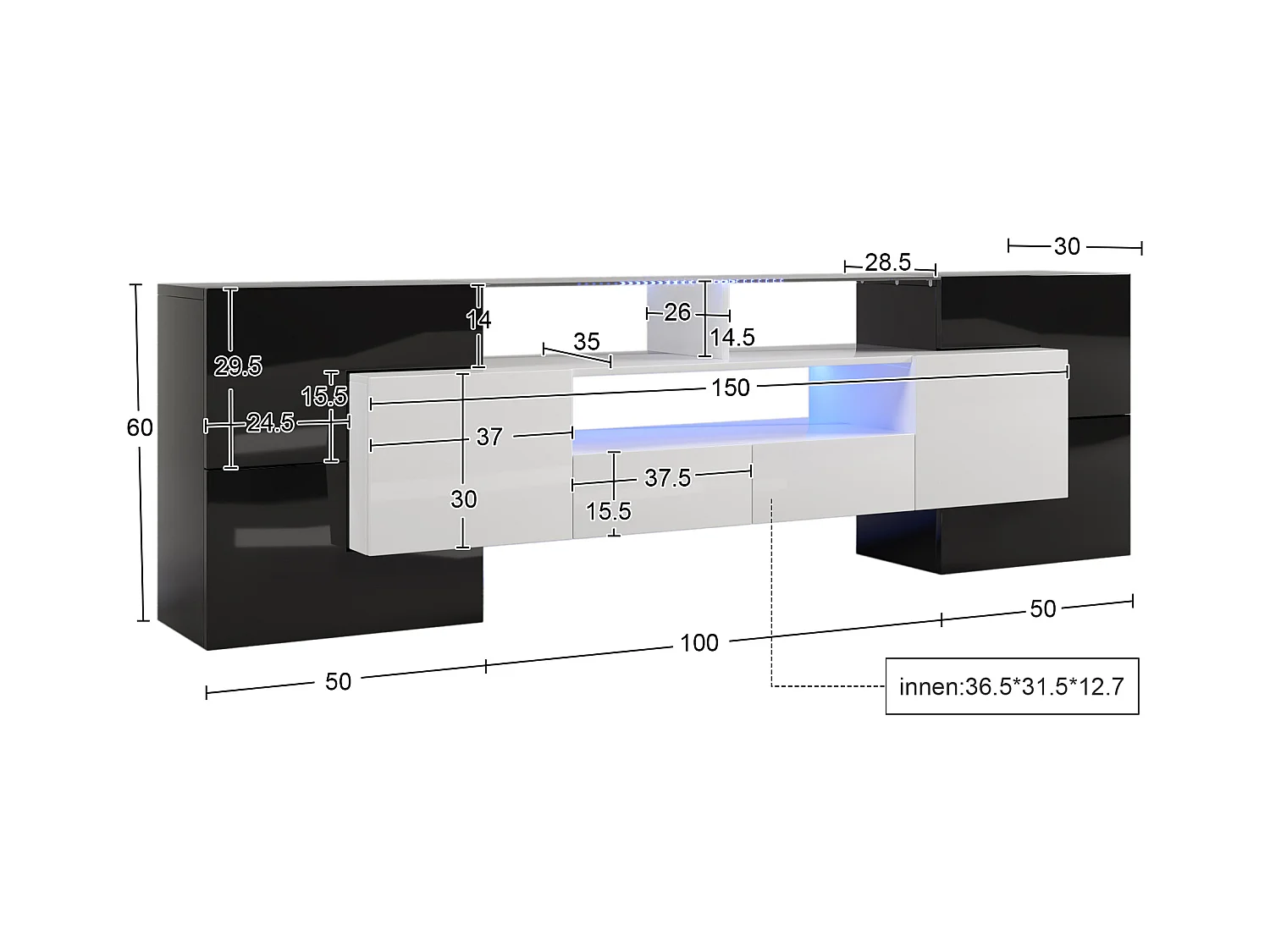 Meuble TV avec LED et surface en verre, hautement brillant, noir et blanc, 200 cm (200x35x60 cm)