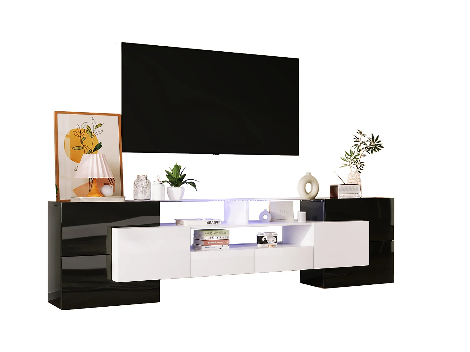 Meuble TV avec LED et surface en verre, hautement brillant, noir et blanc, 200 cm (200x35x60 cm)