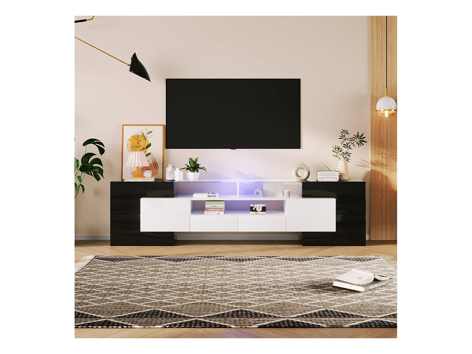 Meuble TV avec LED et surface en verre, hautement brillant, noir et blanc, 200 cm (200x35x60 cm)