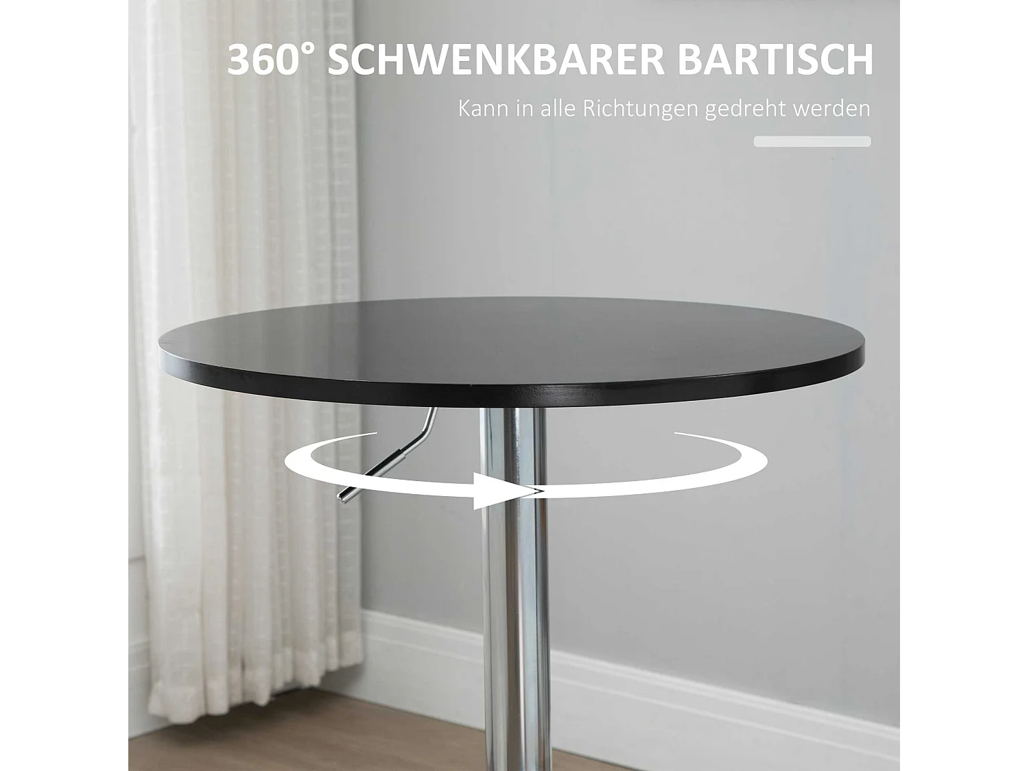 Mesa de bar redonda regulable en altura, tablero giratorio, MDF, metal negro (61x61x70-90cm)