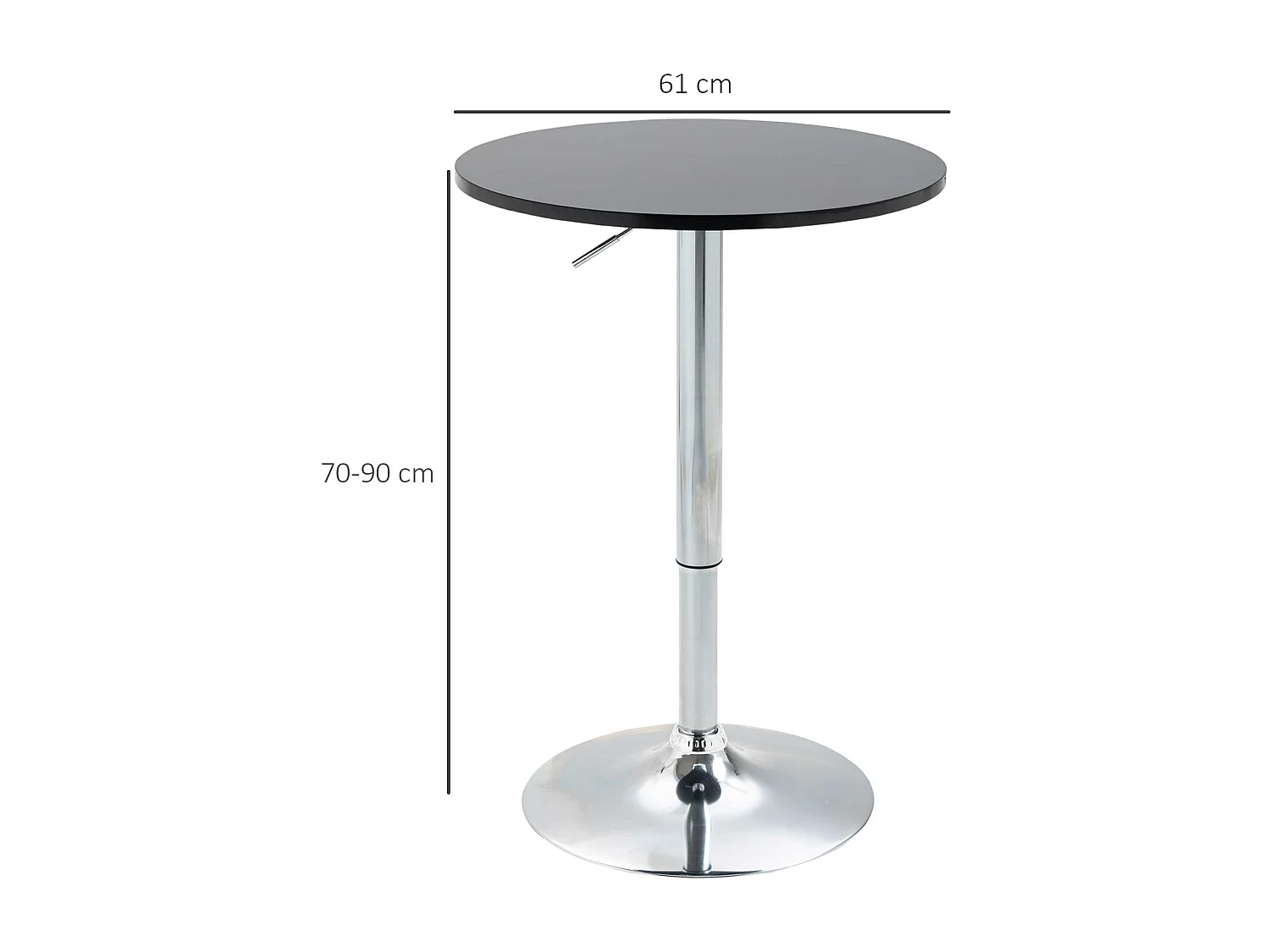 Table de bar ronde réglable en hauteur, plateau tournant, MDF, métal noir (61x61x70-90cm)