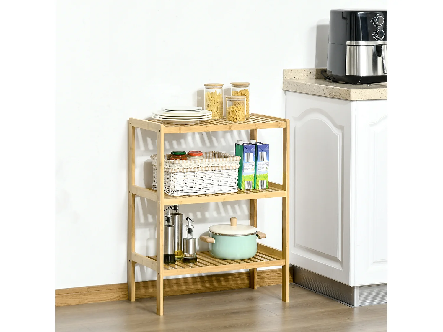 Étagère à 3 niveaux, rangement multifonction, bambou naturel, design compact et stable (62x33x80cm)