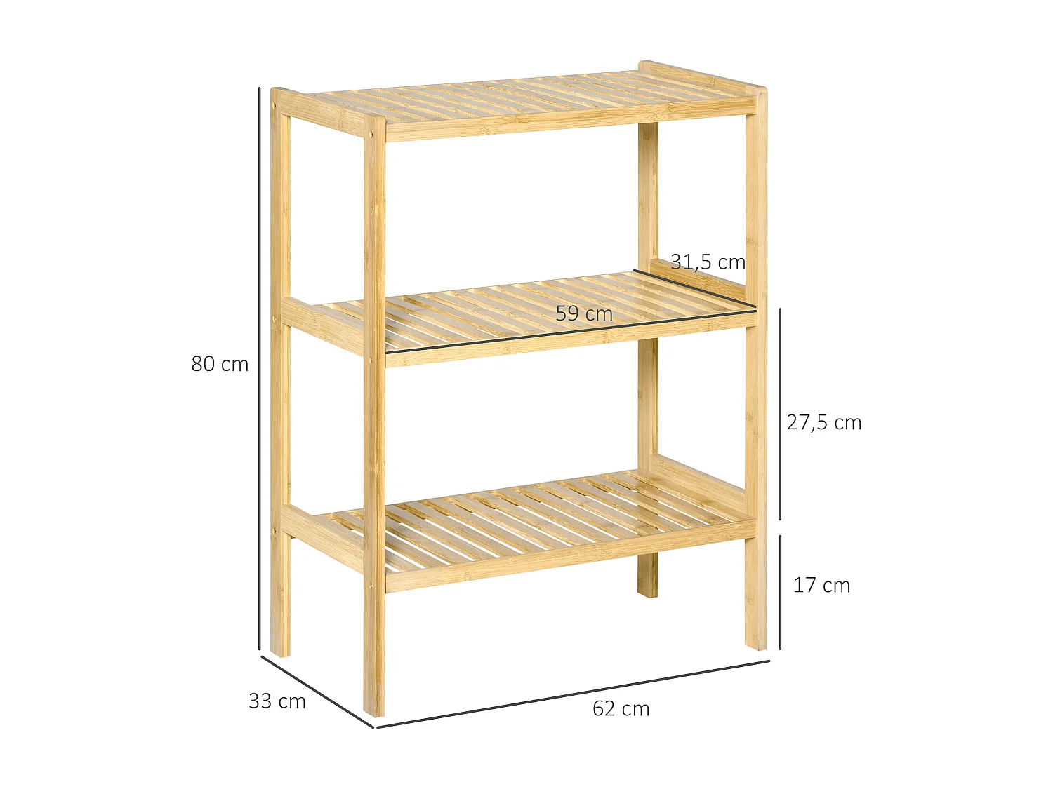 Étagère à 3 niveaux, rangement multifonction, bambou naturel, design compact et stable (62x33x80cm)