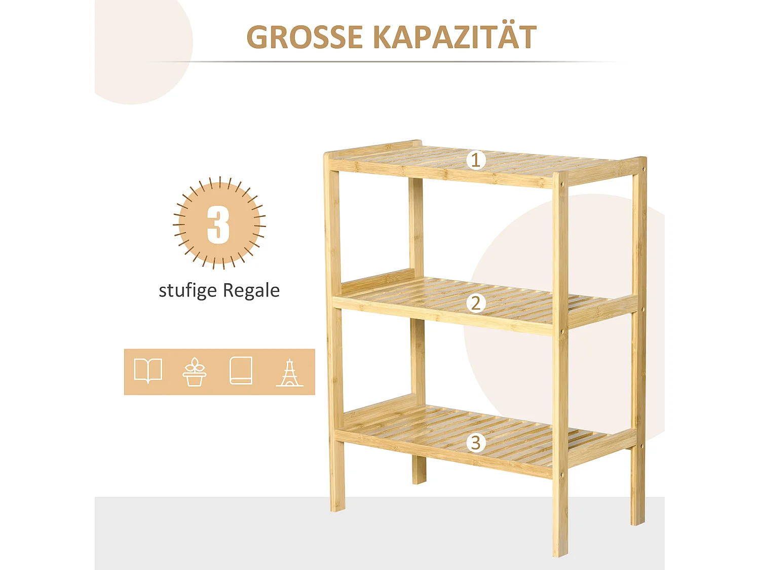 Étagère à 3 niveaux, rangement multifonction, bambou naturel, design compact et stable (62x33x80cm)