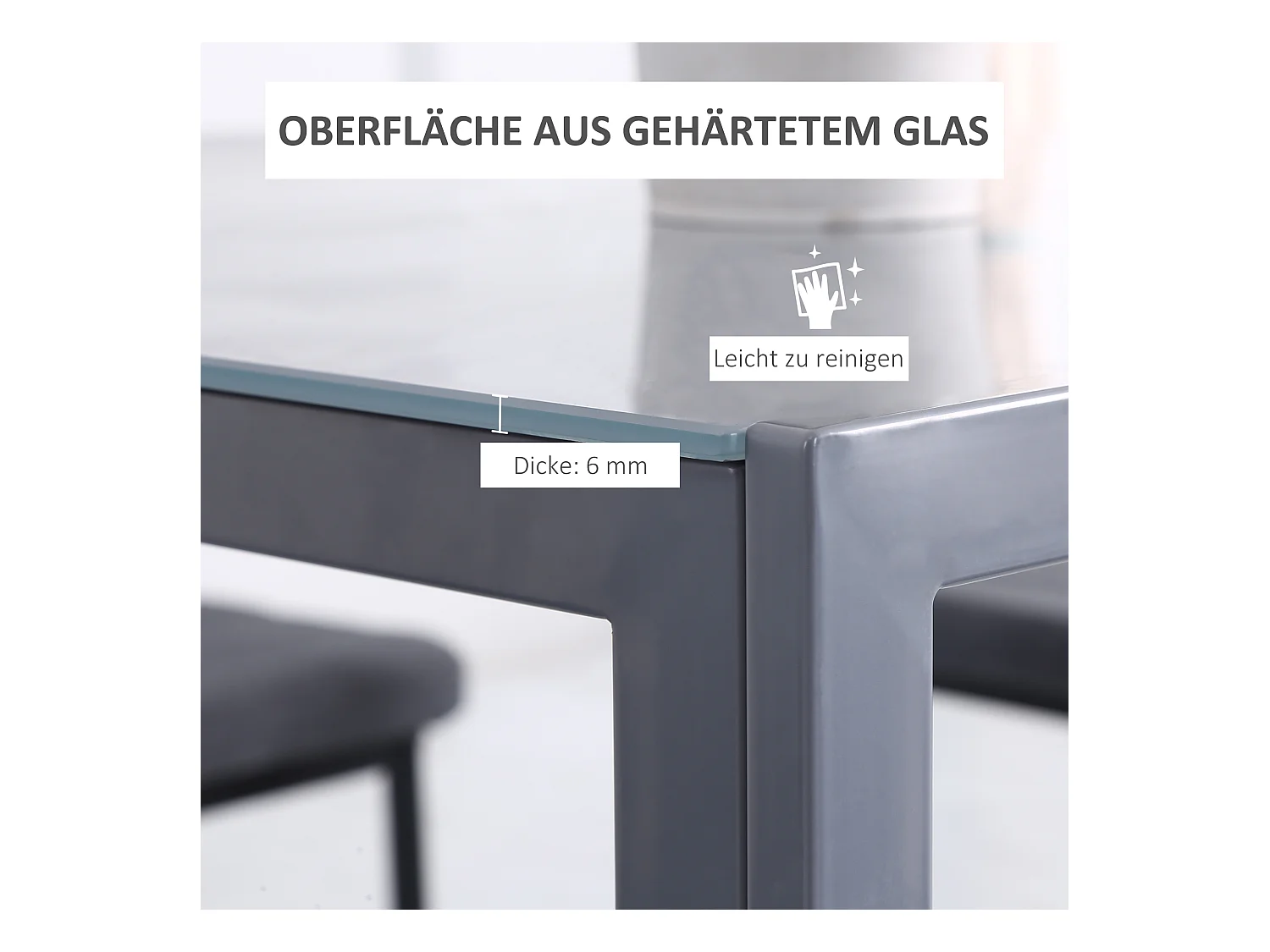 Vierkante tafel voor 4 personen, gehard glazen blad, stalen frame, grijs (75x75x75cm)