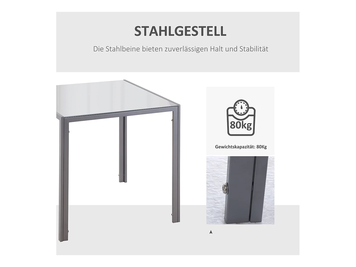 Vierkante tafel voor 4 personen, gehard glazen blad, stalen frame, grijs (75x75x75cm)