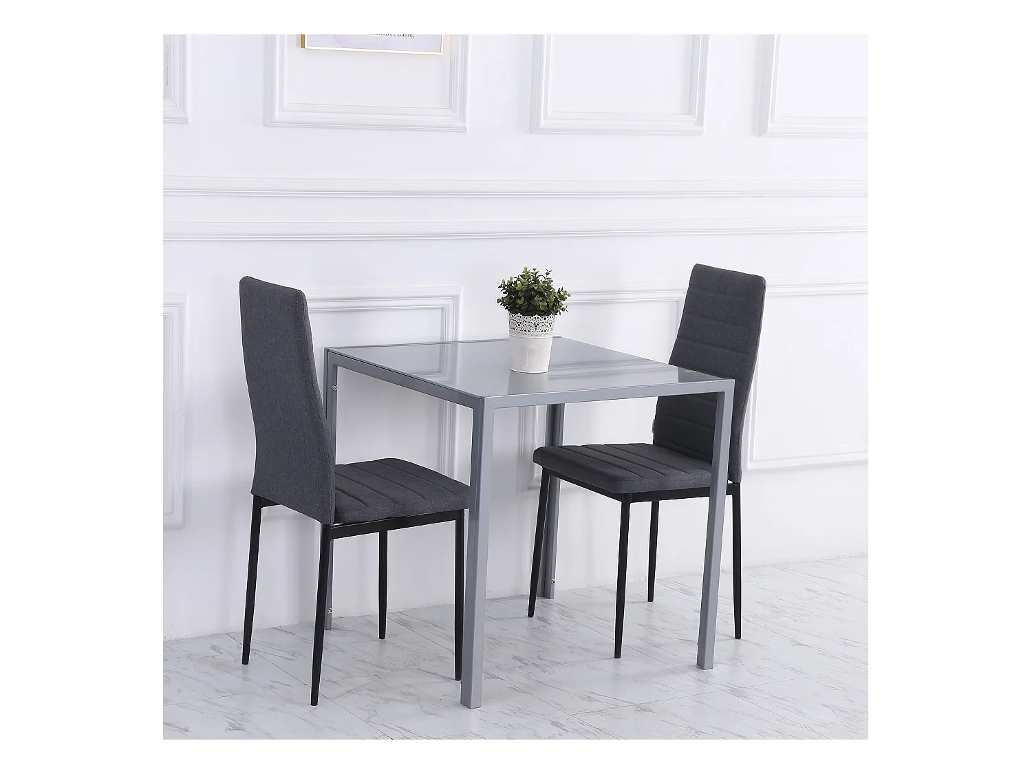 Table carrée pour 4 personnes, plateau verre trempé, cadre acier, gris (75x75x75cm)