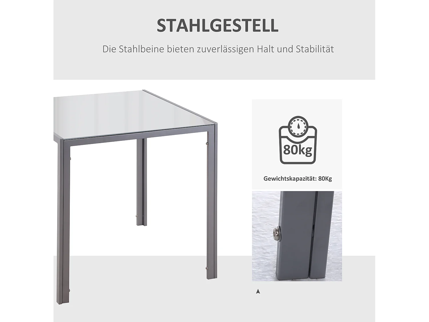 Table carrée pour 4 personnes, plateau verre trempé, cadre acier, gris (75x75x75cm)