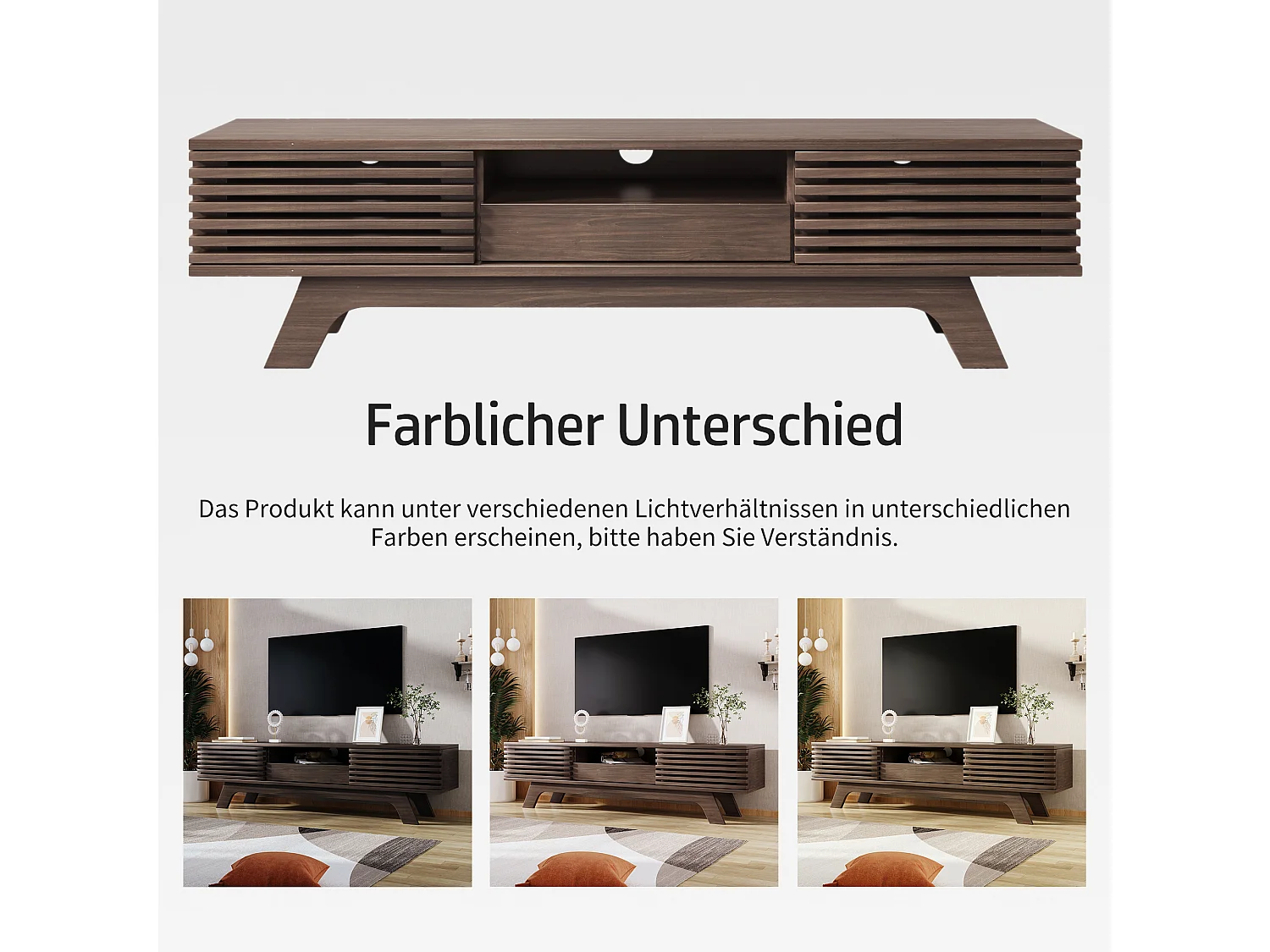 Meuble TV avec 1 tiroir et 2 portes, design vintage, bois aggloméré, couleur bois naturel (150x35x44 cm)