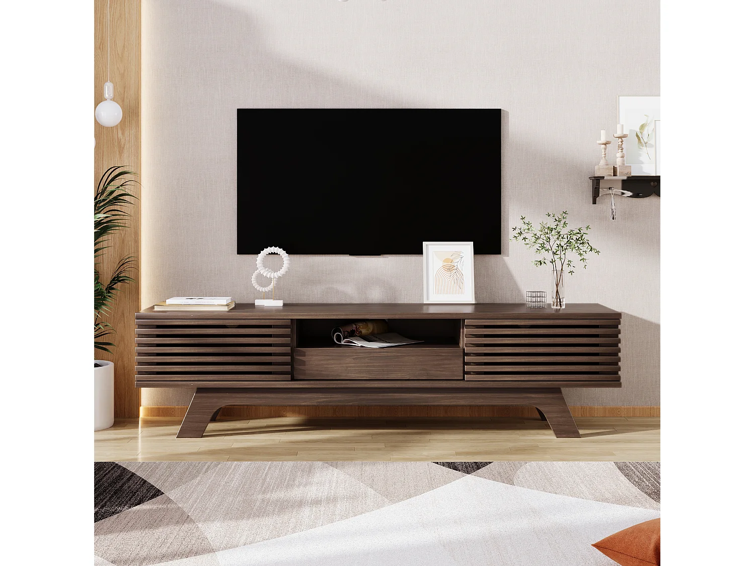 Meuble TV avec 1 tiroir et 2 portes, design vintage, bois aggloméré, couleur bois naturel (150x35x44 cm)