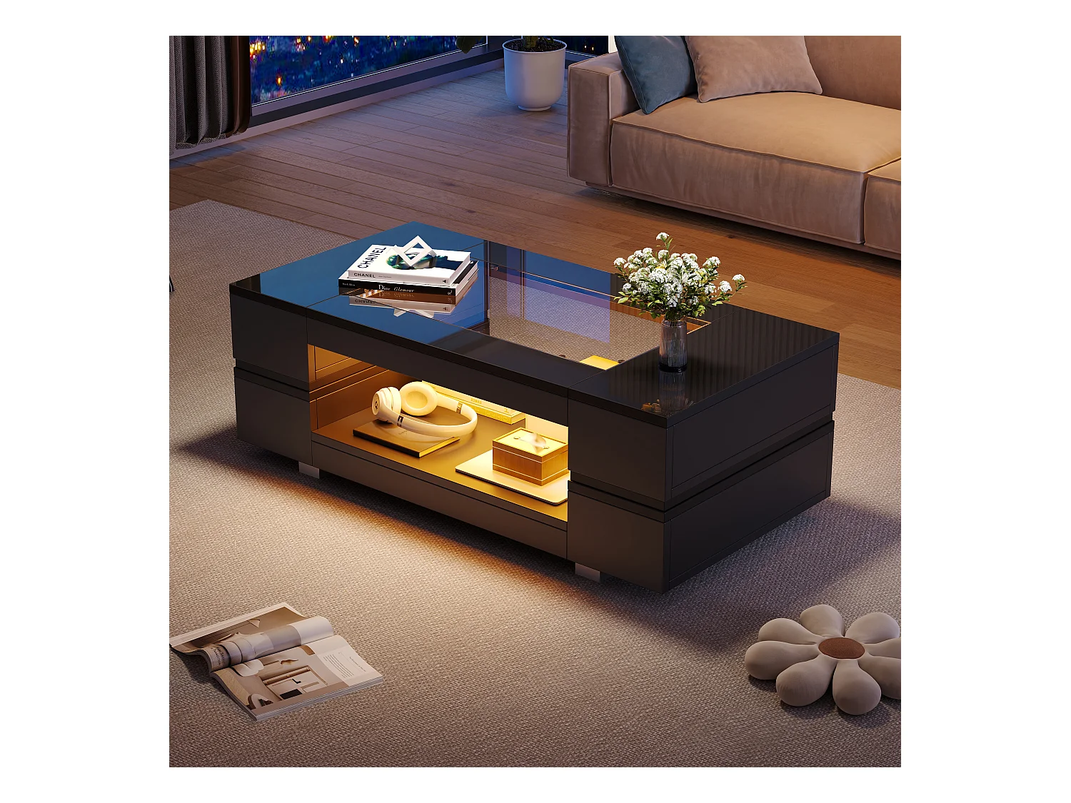 Table basse LED noire avec fonction de stockage, acrylique, commande par application mobile (100x50x35 cm)