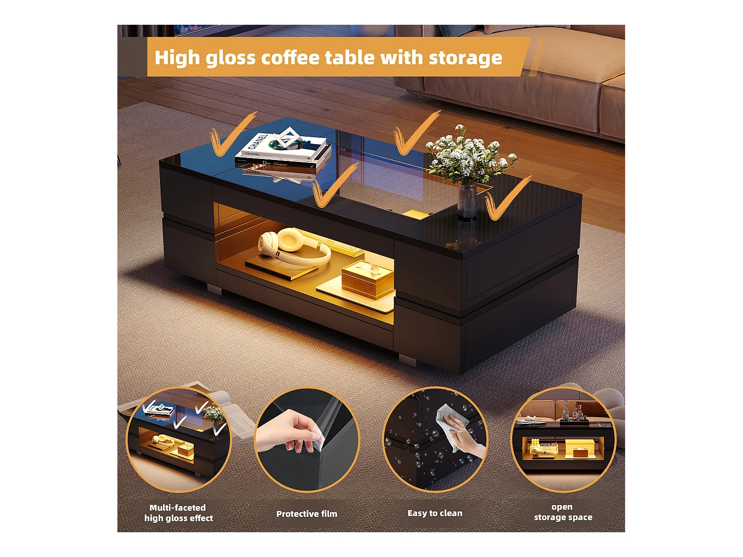 Table basse LED noire avec fonction de stockage, acrylique, commande par application mobile (100x50x35 cm)