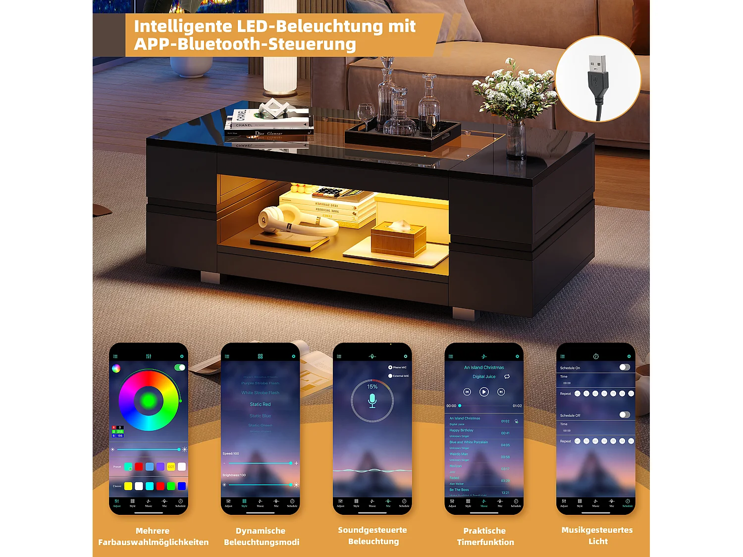 Table basse LED noire avec fonction de stockage, acrylique, commande par application mobile (100x50x35 cm)