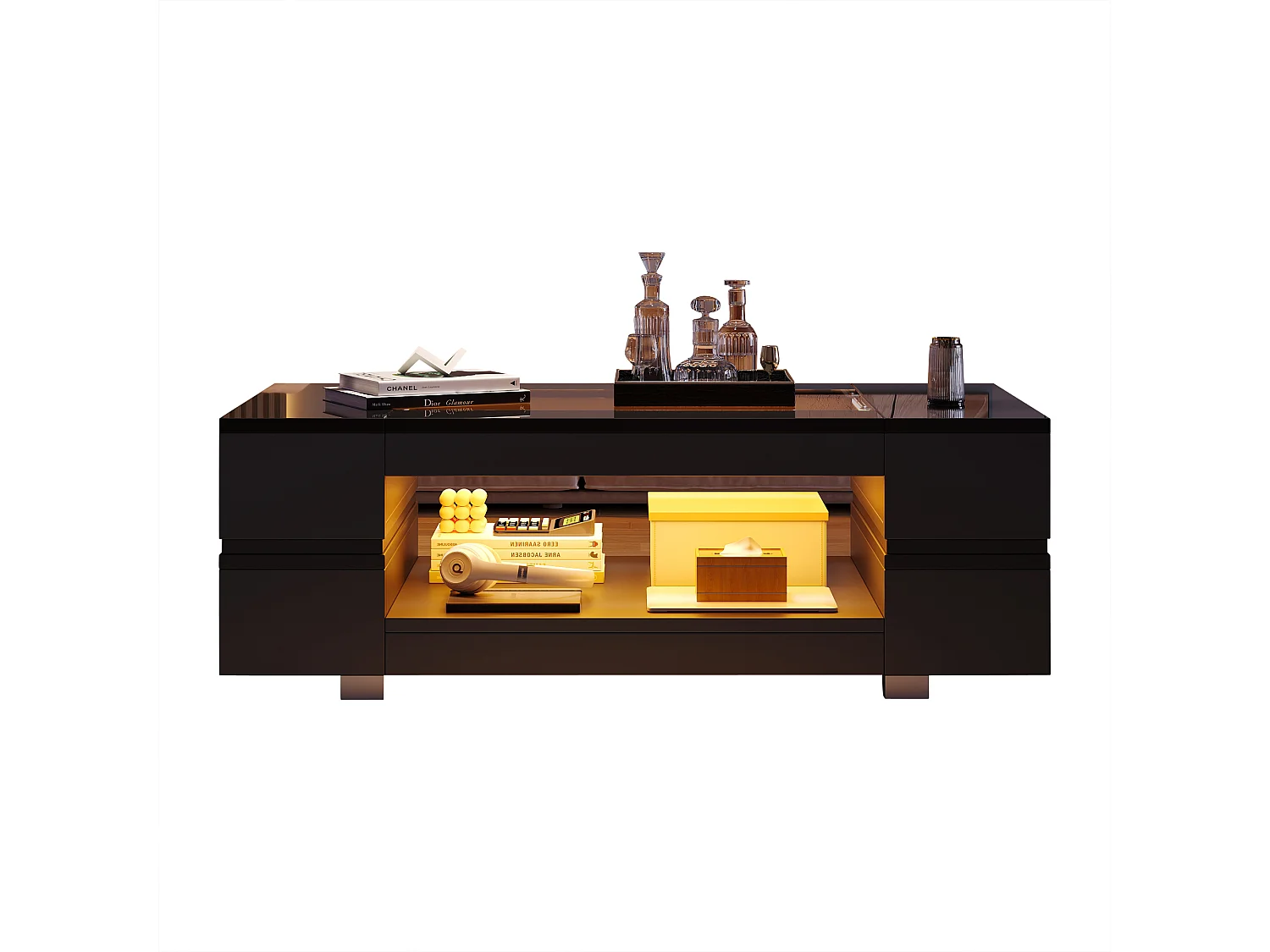 Table basse LED noire avec fonction de stockage, acrylique, commande par application mobile (100x50x35 cm)