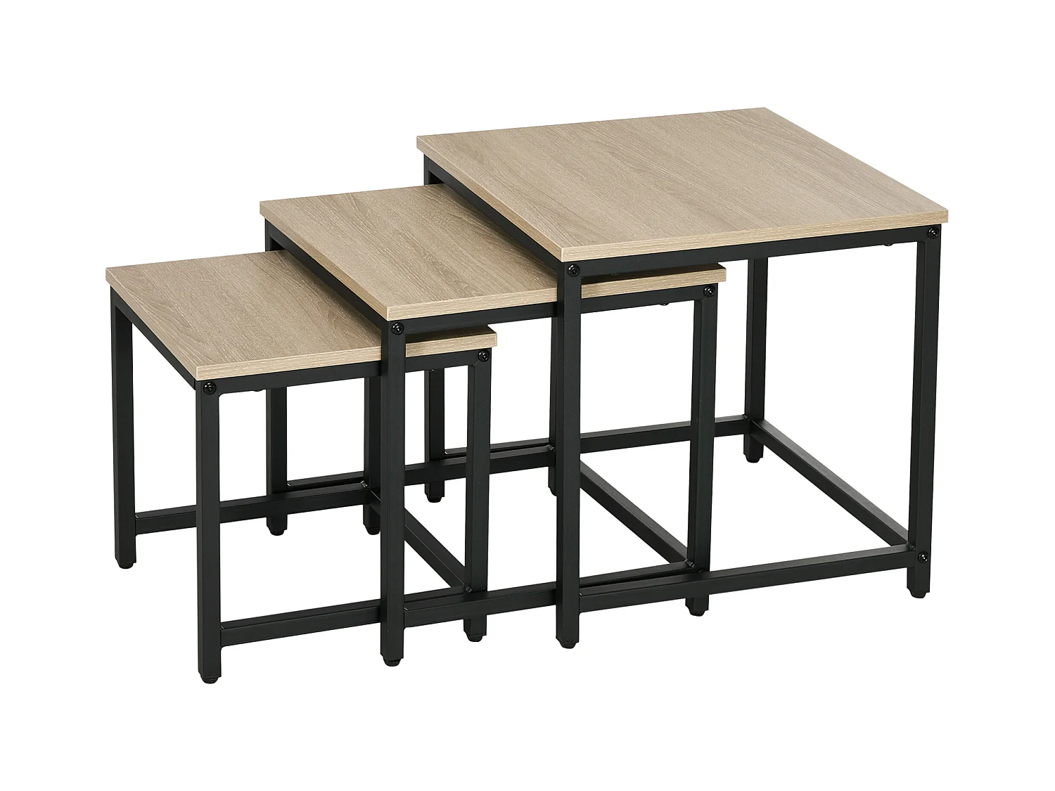 Set de 3 Tables d'appoint avec cadre en acier, finition bois naturel, pour salon et coin canapé (45x45x44 cm)