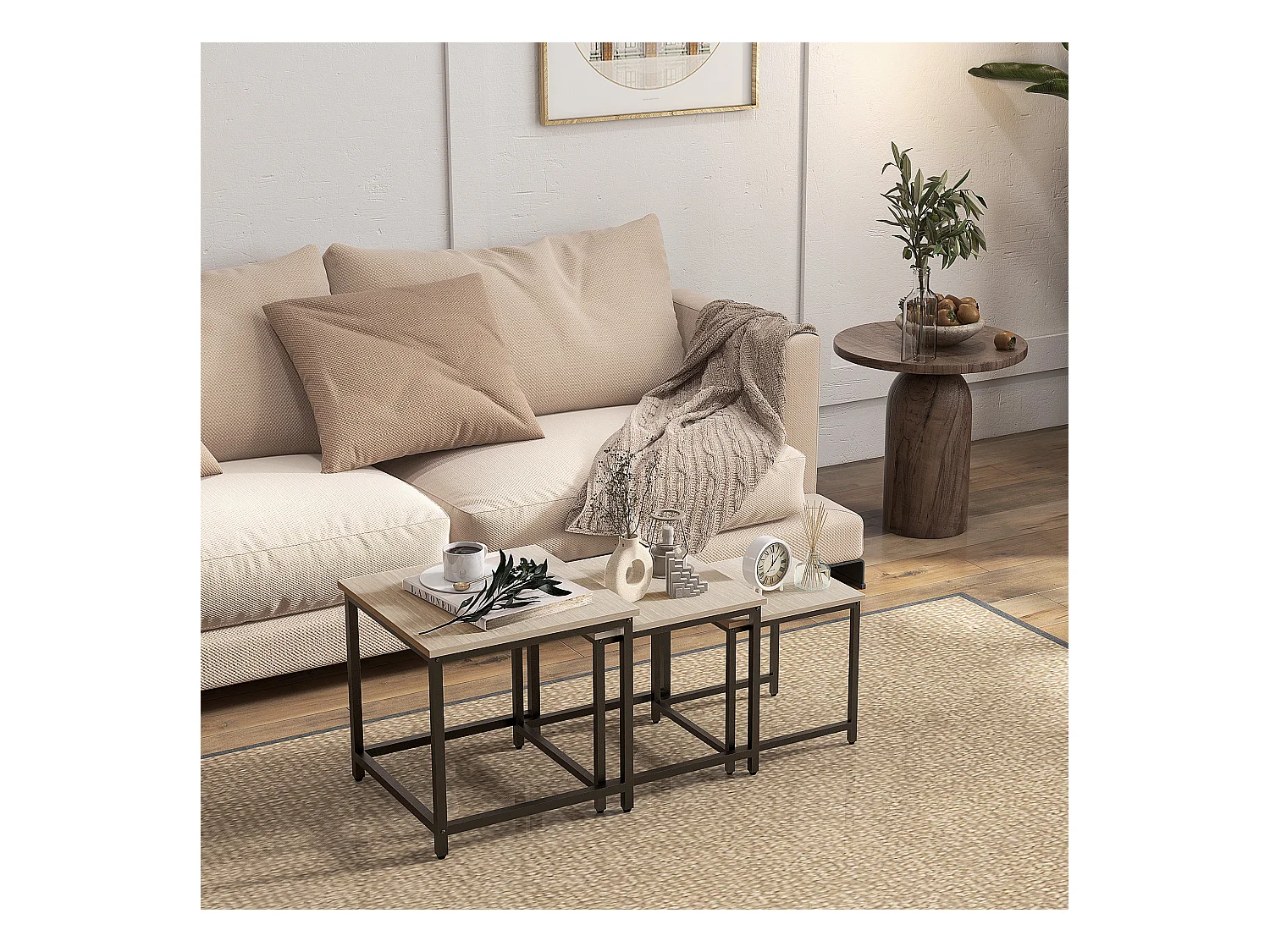Set de 3 Tables d'appoint avec cadre en acier, finition bois naturel, pour salon et coin canapé (45x45x44 cm)