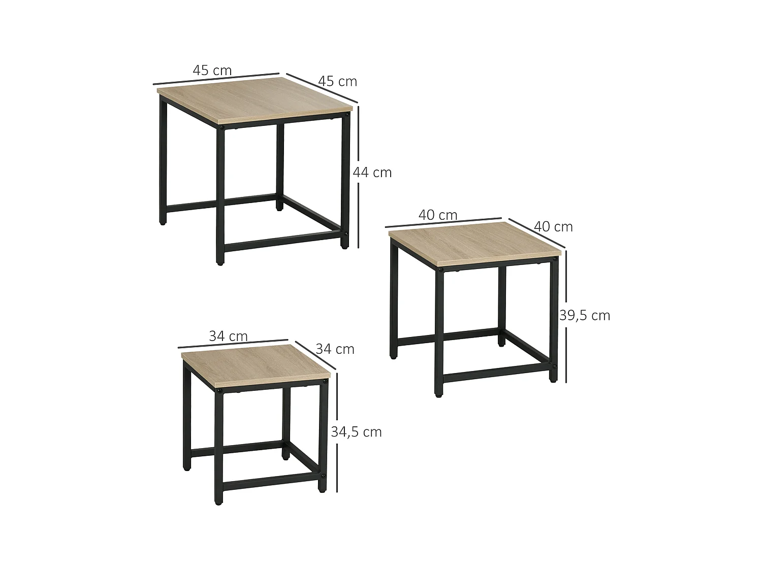 Set de 3 Tables d'appoint avec cadre en acier, finition bois naturel, pour salon et coin canapé (45x45x44 cm)