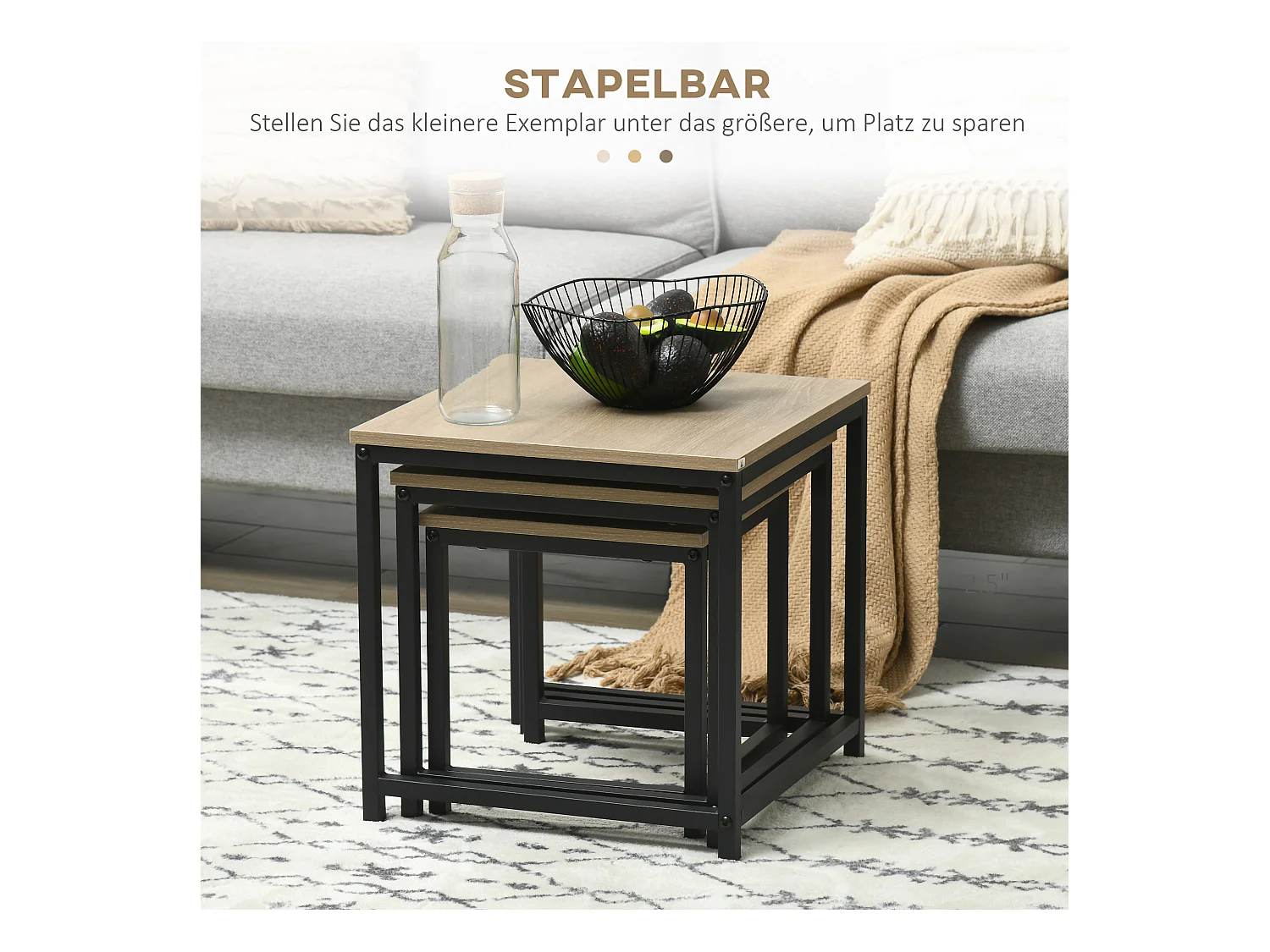 Set de 3 Tables d'appoint avec cadre en acier, finition bois naturel, pour salon et coin canapé (45x45x44 cm)