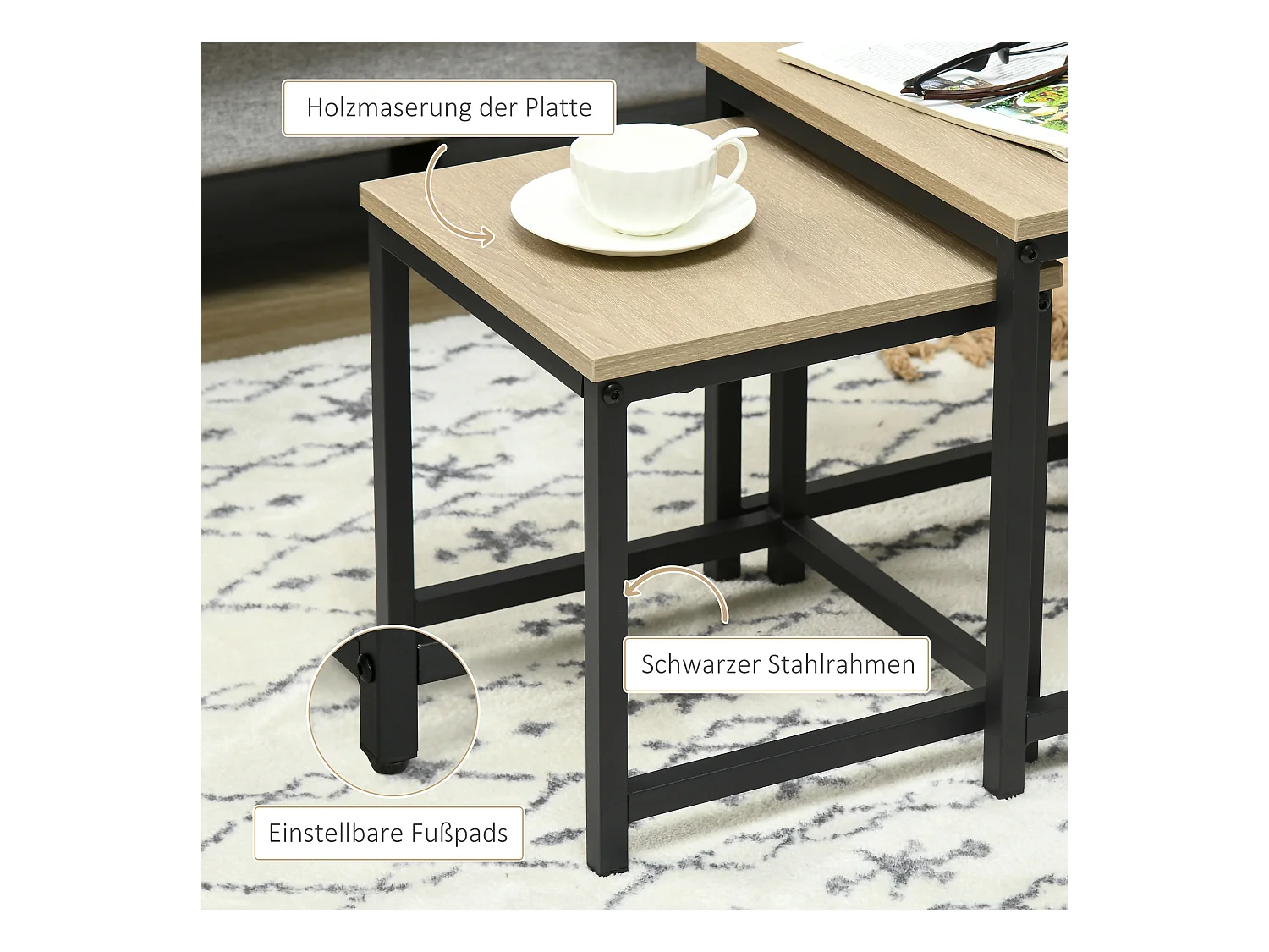 Set de 3 Tables d'appoint avec cadre en acier, finition bois naturel, pour salon et coin canapé (45x45x44 cm)