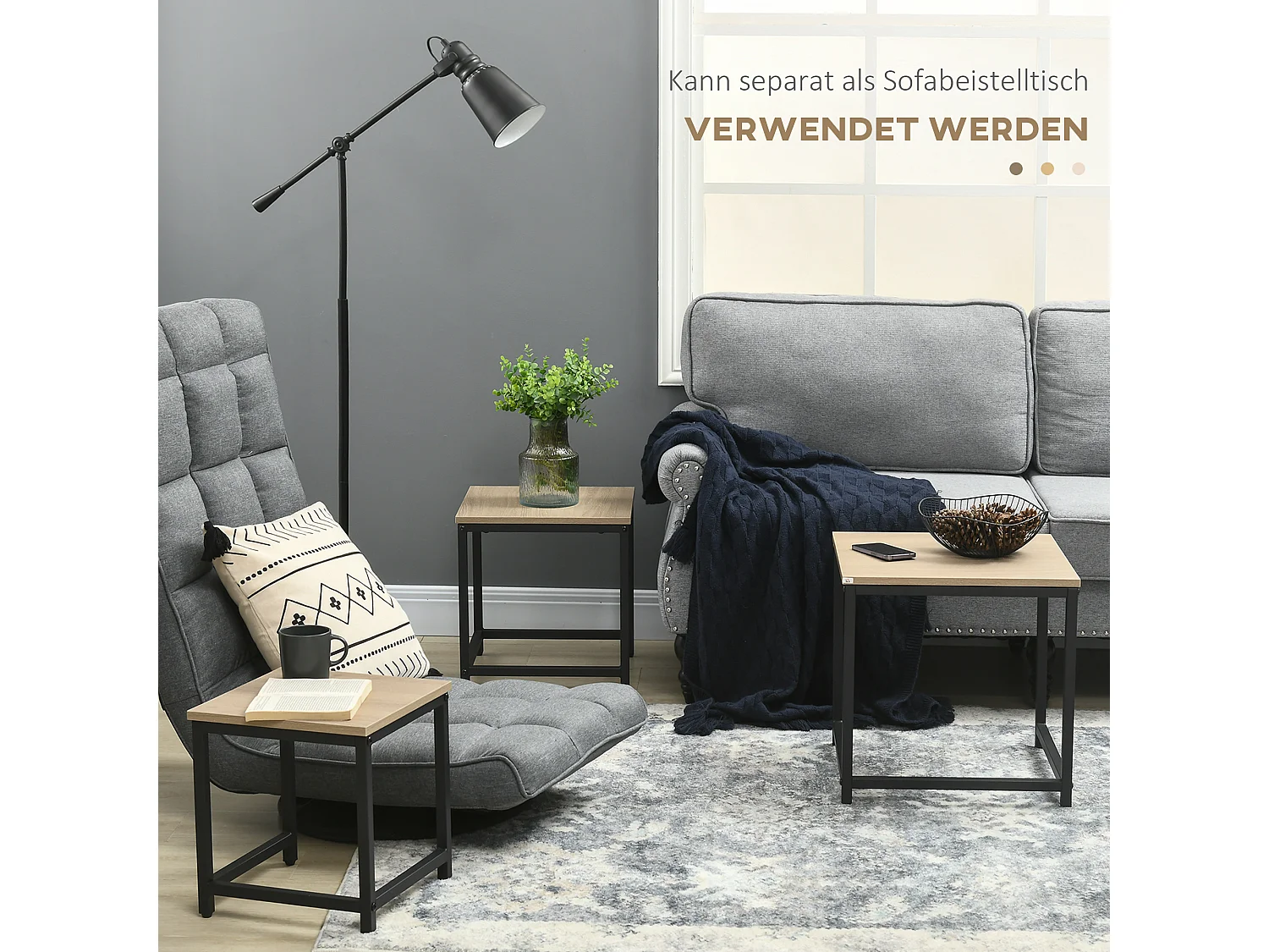 Set de 3 Tables d'appoint avec cadre en acier, finition bois naturel, pour salon et coin canapé (45x45x44 cm)