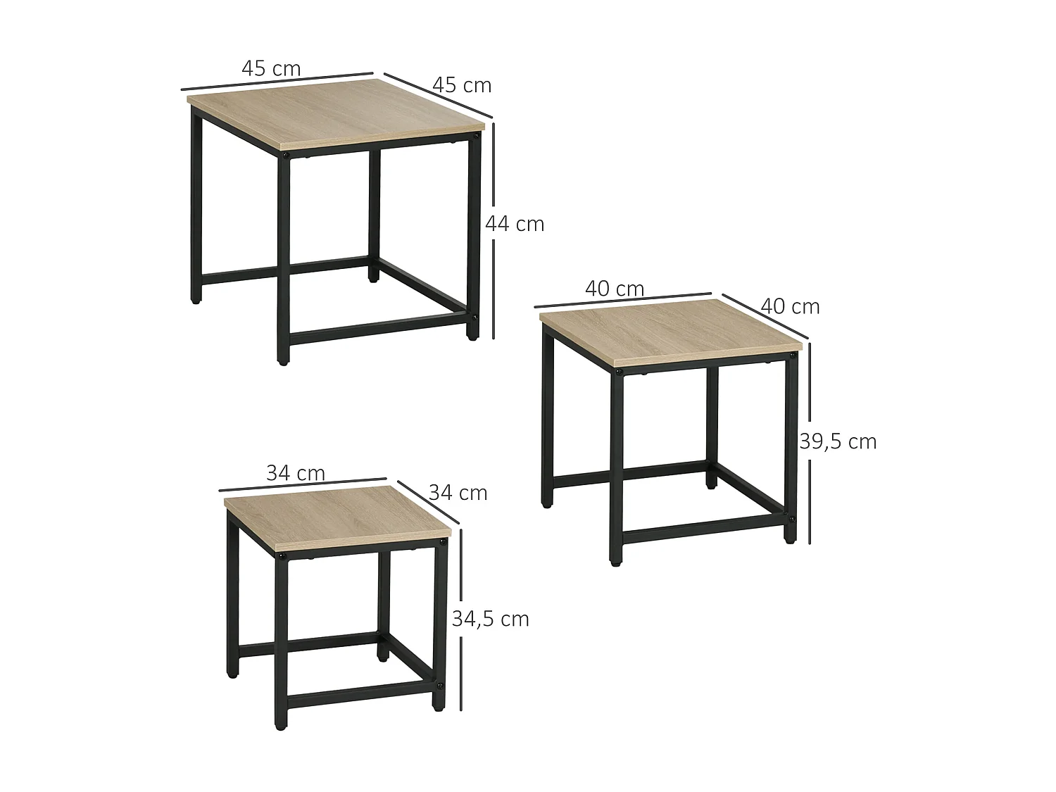 Set de 3 Tables d'appoint avec cadre en acier, finition bois naturel, pour salon et coin canapé (45x45x44 cm)
