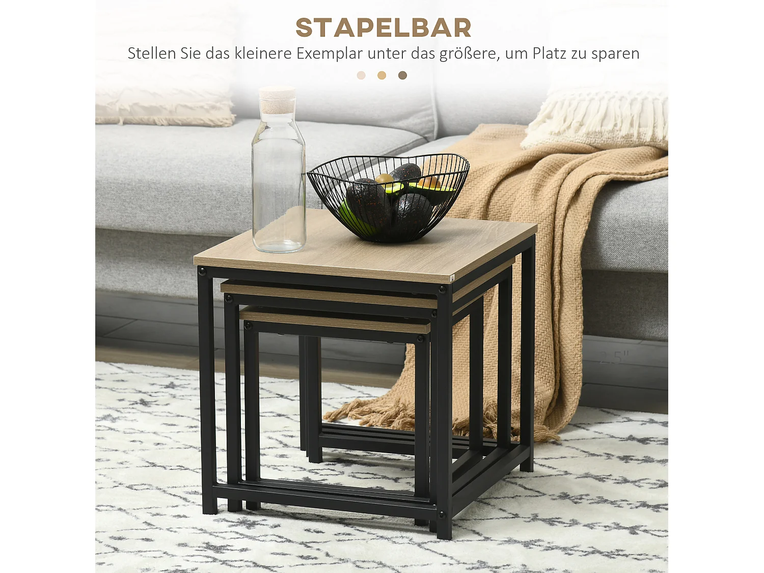 Set de 3 Tables d'appoint avec cadre en acier, finition bois naturel, pour salon et coin canapé (45x45x44 cm)