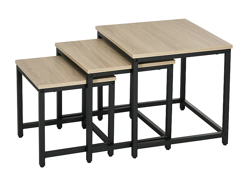 Set de 3 Tables d'appoint avec cadre en acier, finition bois naturel, pour salon et coin canapé (45x45x44 cm)