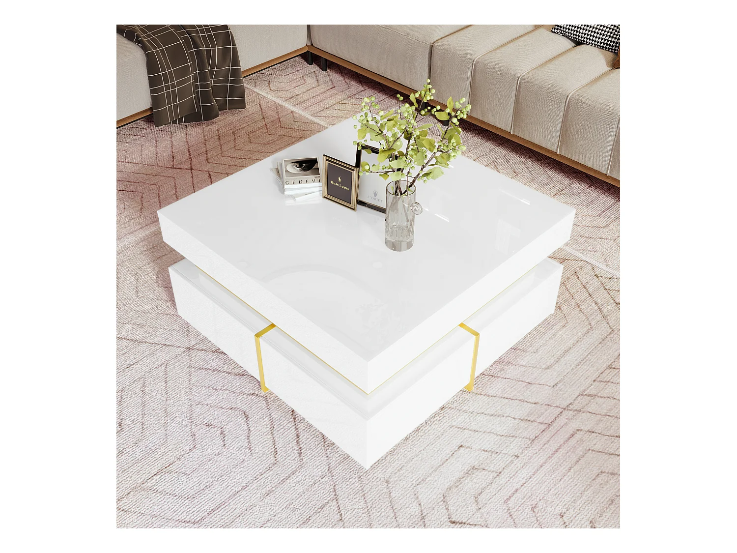 Table basse laquée, table d'appoint avec tiroirs et accents dorés, MDF, blanc, (70x70x35.5 cm)