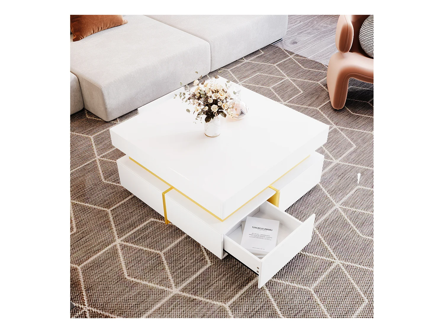 Table basse laquée, table d'appoint avec tiroirs et accents dorés, MDF, blanc, (70x70x35.5 cm)