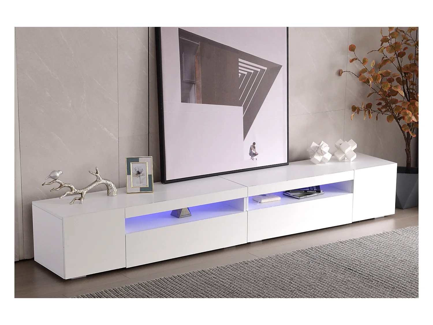 Meuble TV moderne, blanc, avec LED et rangement, MDF (240x39x35 cm)