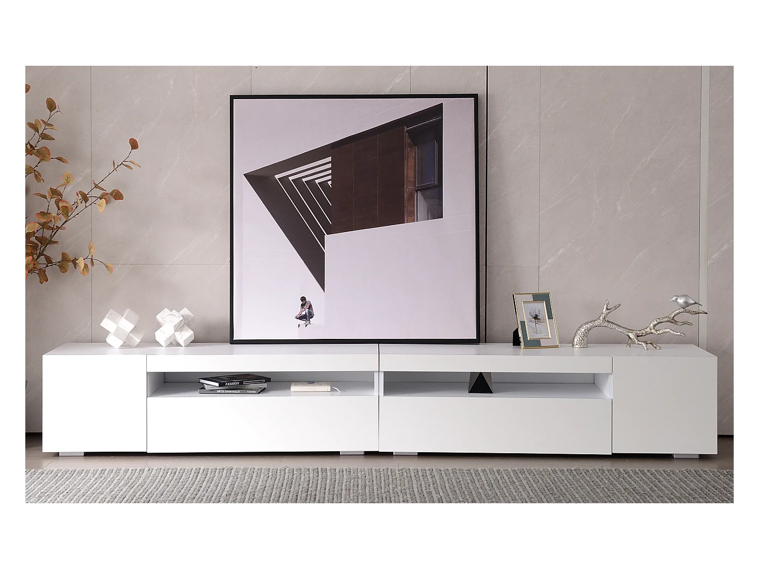 Meuble TV moderne, blanc, avec LED et rangement, MDF (240x39x35 cm)