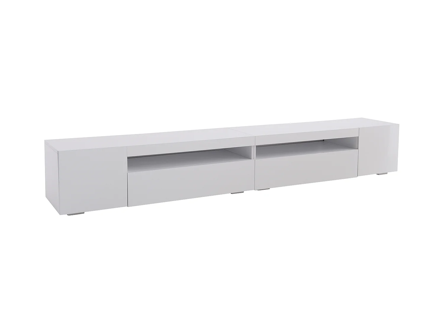Meuble TV moderne, blanc, avec LED et rangement, MDF (240x39x35 cm)