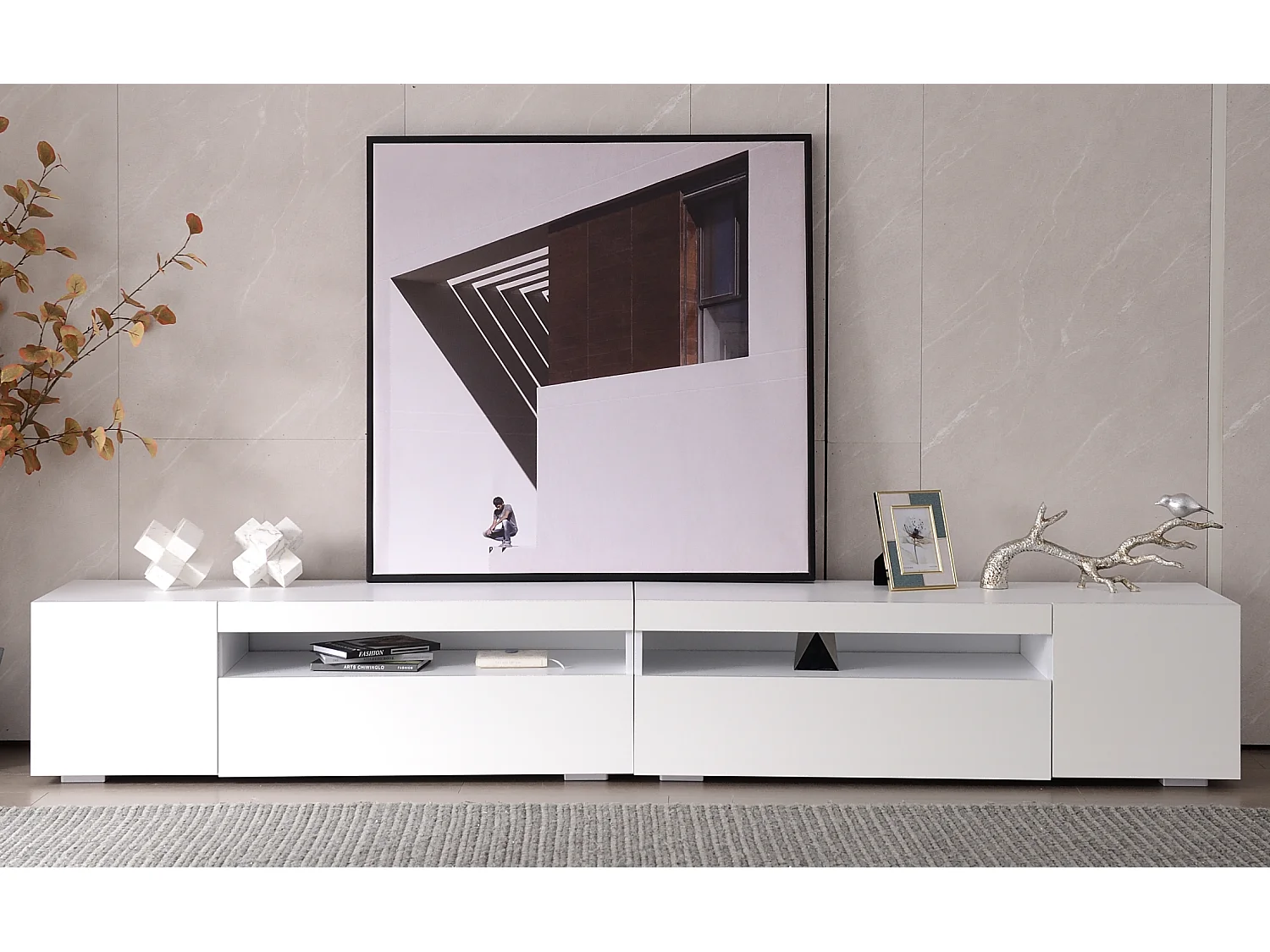Moderne tv-kast, wit, met led-verlichting en opbergruimte, MDF (240x39x35 cm)