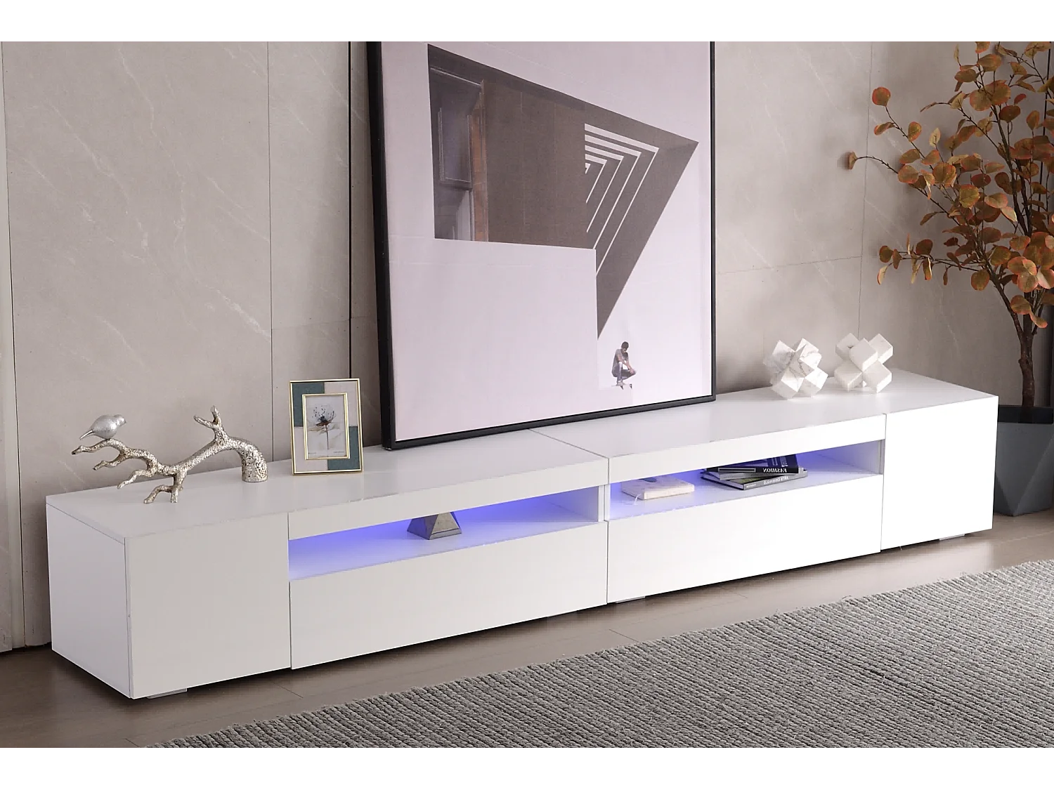 Moderne tv-kast, wit, met led-verlichting en opbergruimte, MDF (240x39x35 cm)