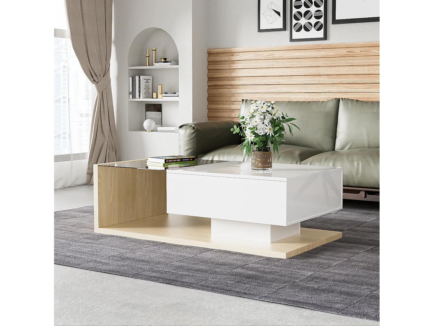 Table basse avec LED, surface en verre et bois, design moderne, MDF, blanc et bois naturel, (105x55x32.5 cm)