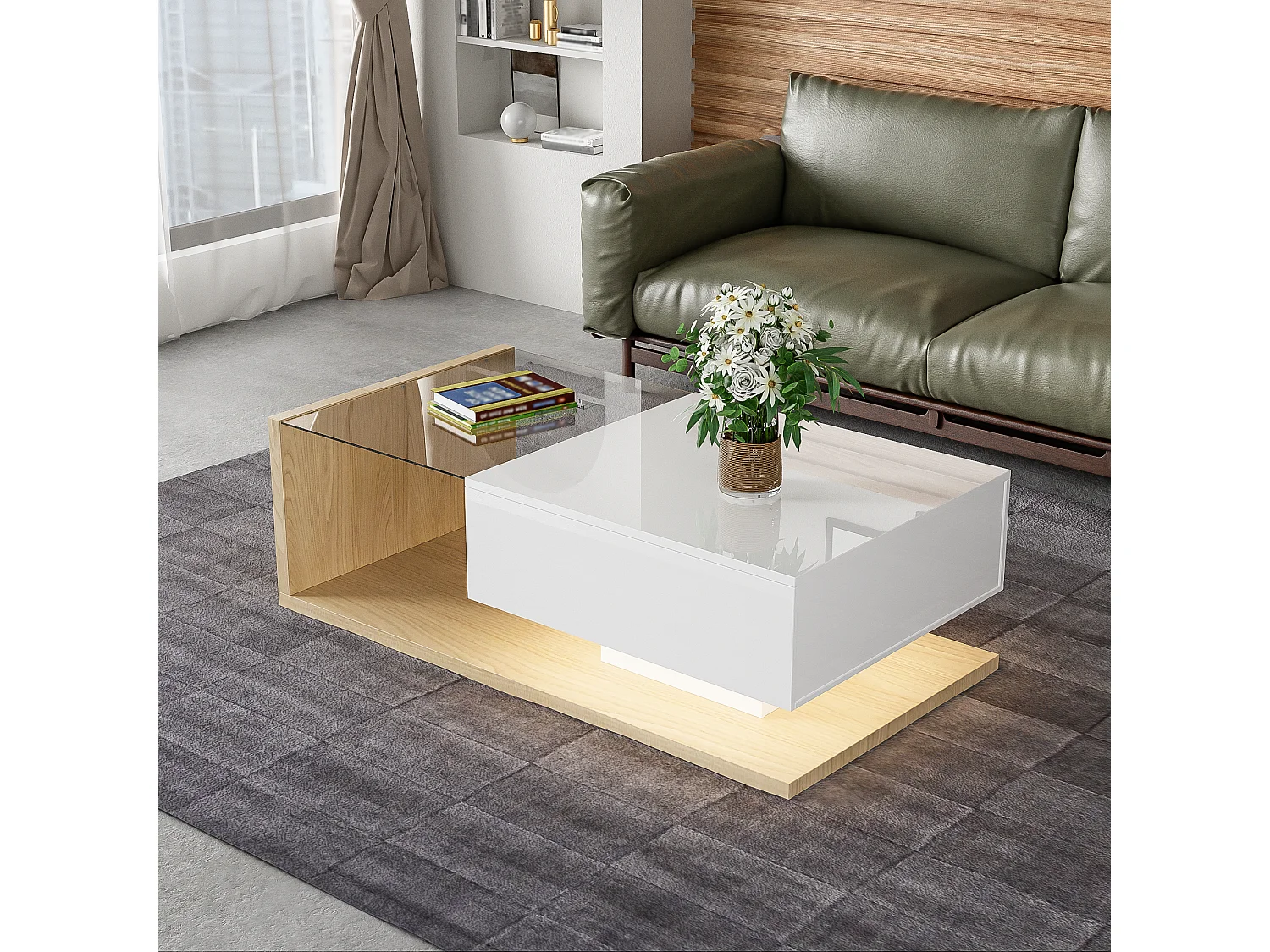 Table basse avec LED, surface en verre et bois, design moderne, MDF, blanc et bois naturel, (105x55x32.5 cm)