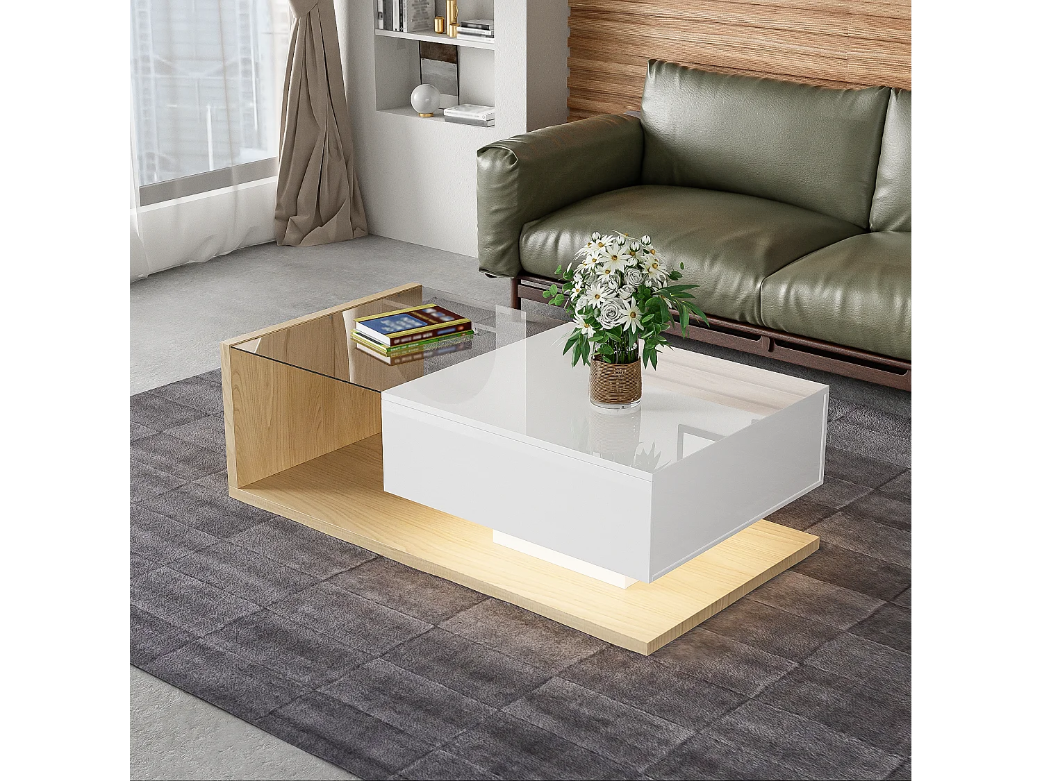 Table basse avec LED, surface en verre et bois, design moderne, MDF, blanc et bois naturel, (105x55x32.5 cm)