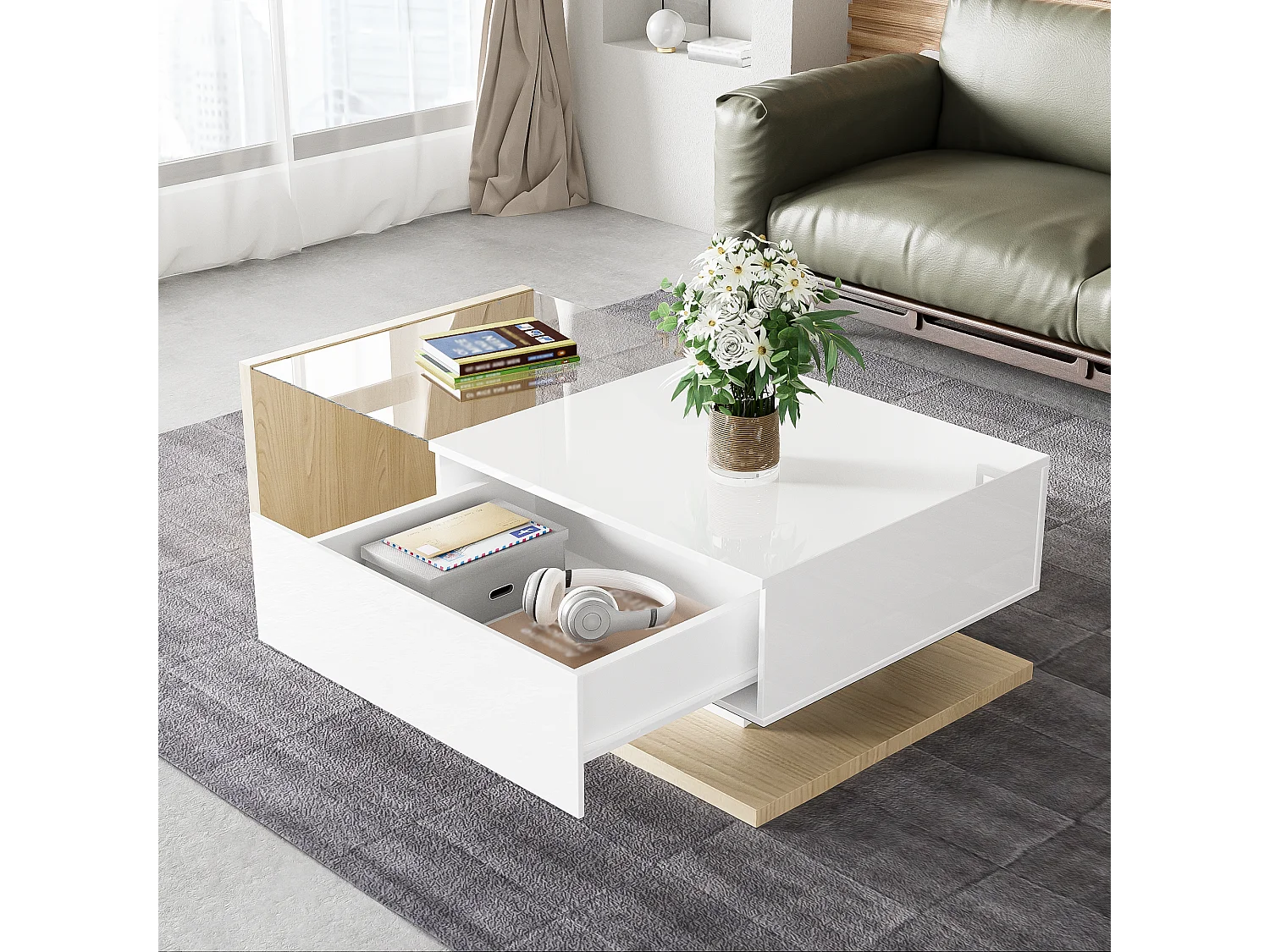 Table basse avec LED, surface en verre et bois, design moderne, MDF, blanc et bois naturel, (105x55x32.5 cm)