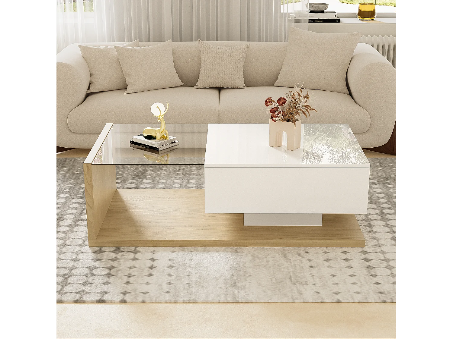 Table basse avec LED, surface en verre et bois, design moderne, MDF, blanc et bois naturel, (105x55x32.5 cm)