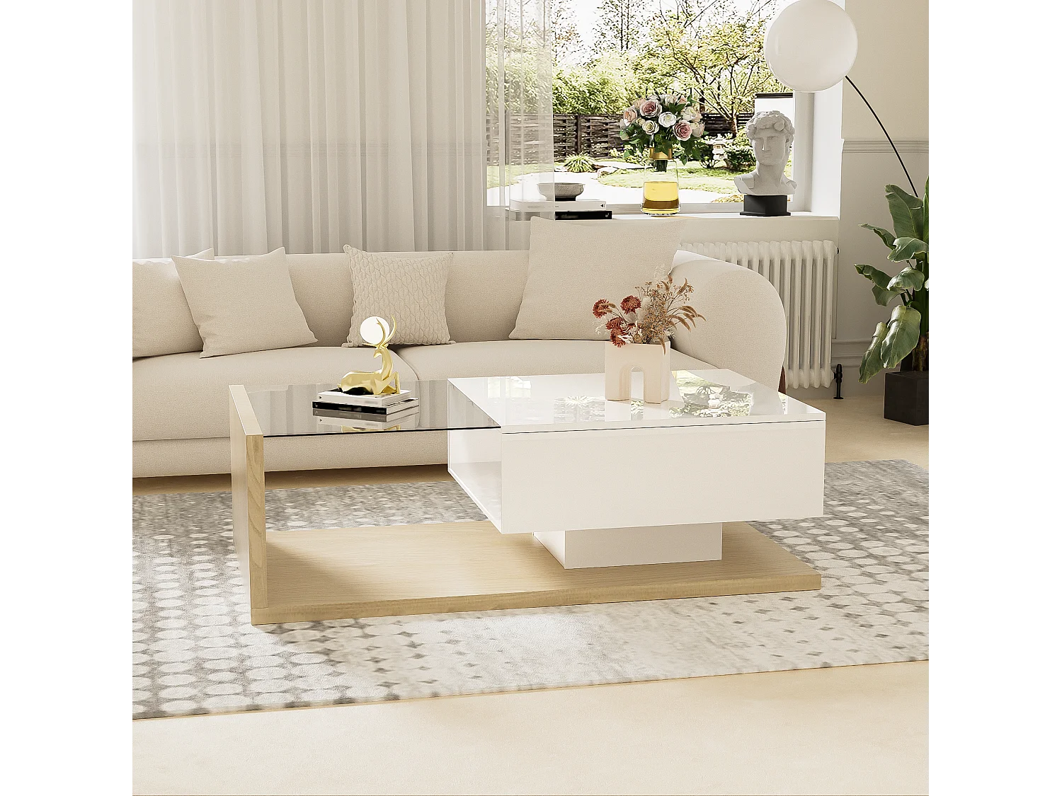 Table basse avec LED, surface en verre et bois, design moderne, MDF, blanc et bois naturel, (105x55x32.5 cm)