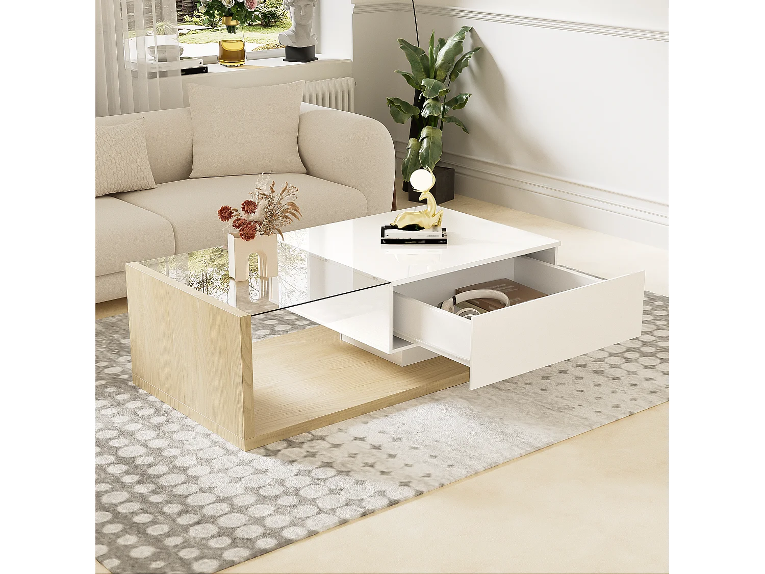 Table basse avec LED, surface en verre et bois, design moderne, MDF, blanc et bois naturel, (105x55x32.5 cm)