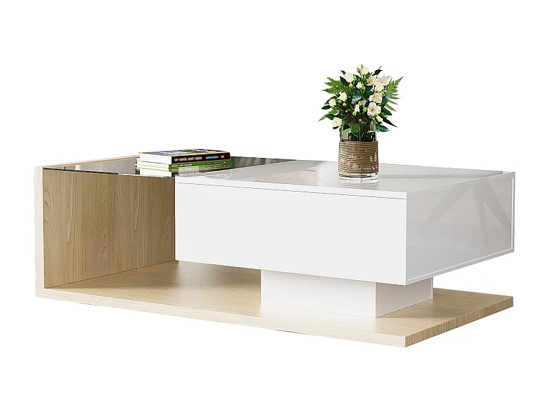 Table basse avec LED, surface en verre et bois, design moderne, MDF, blanc et bois naturel, (105x55x32.5 cm)