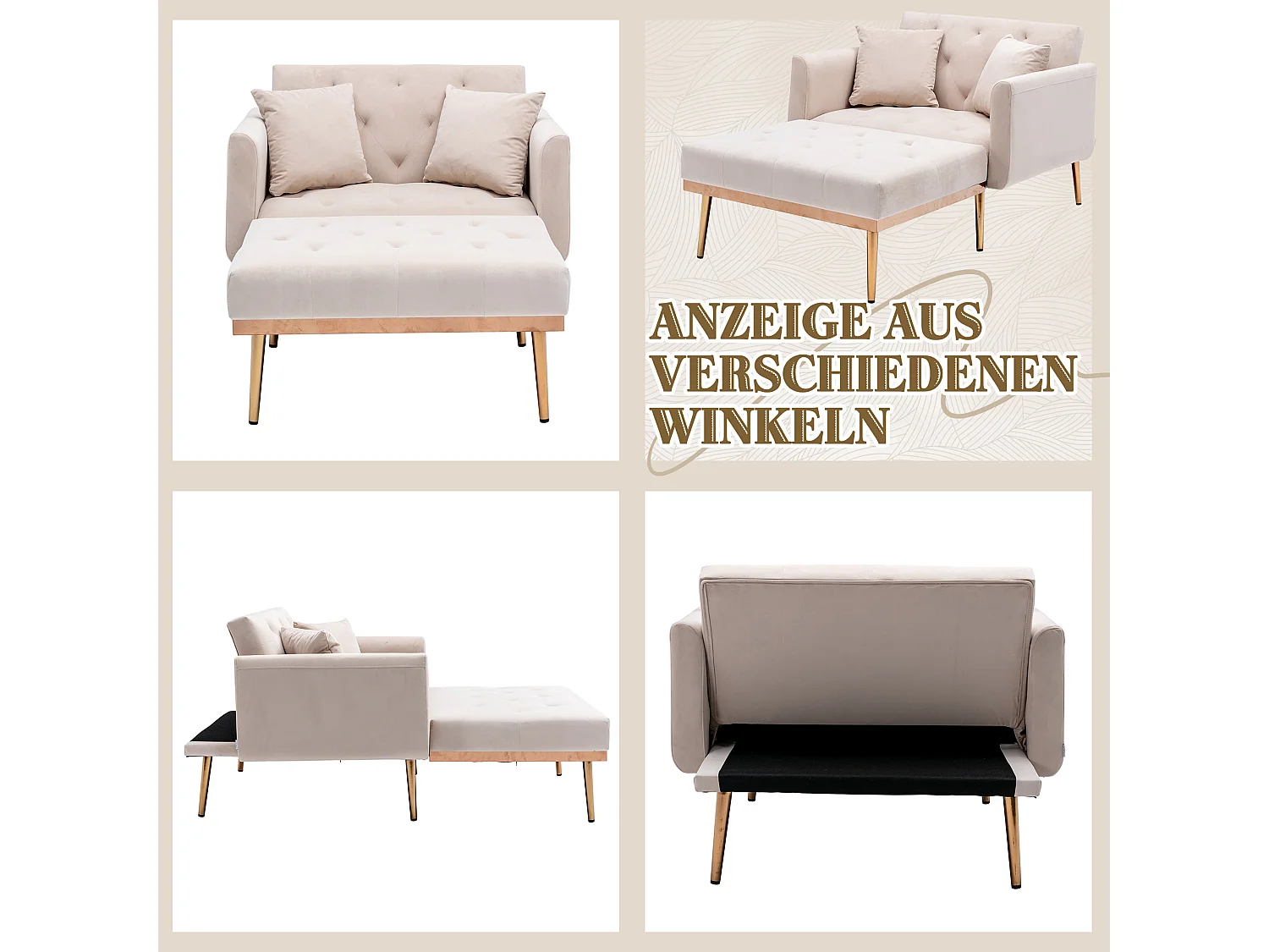 Fauteuil Moderne Réglable, Dossier Ajustable, Velours Beige (165x90x77 cm)