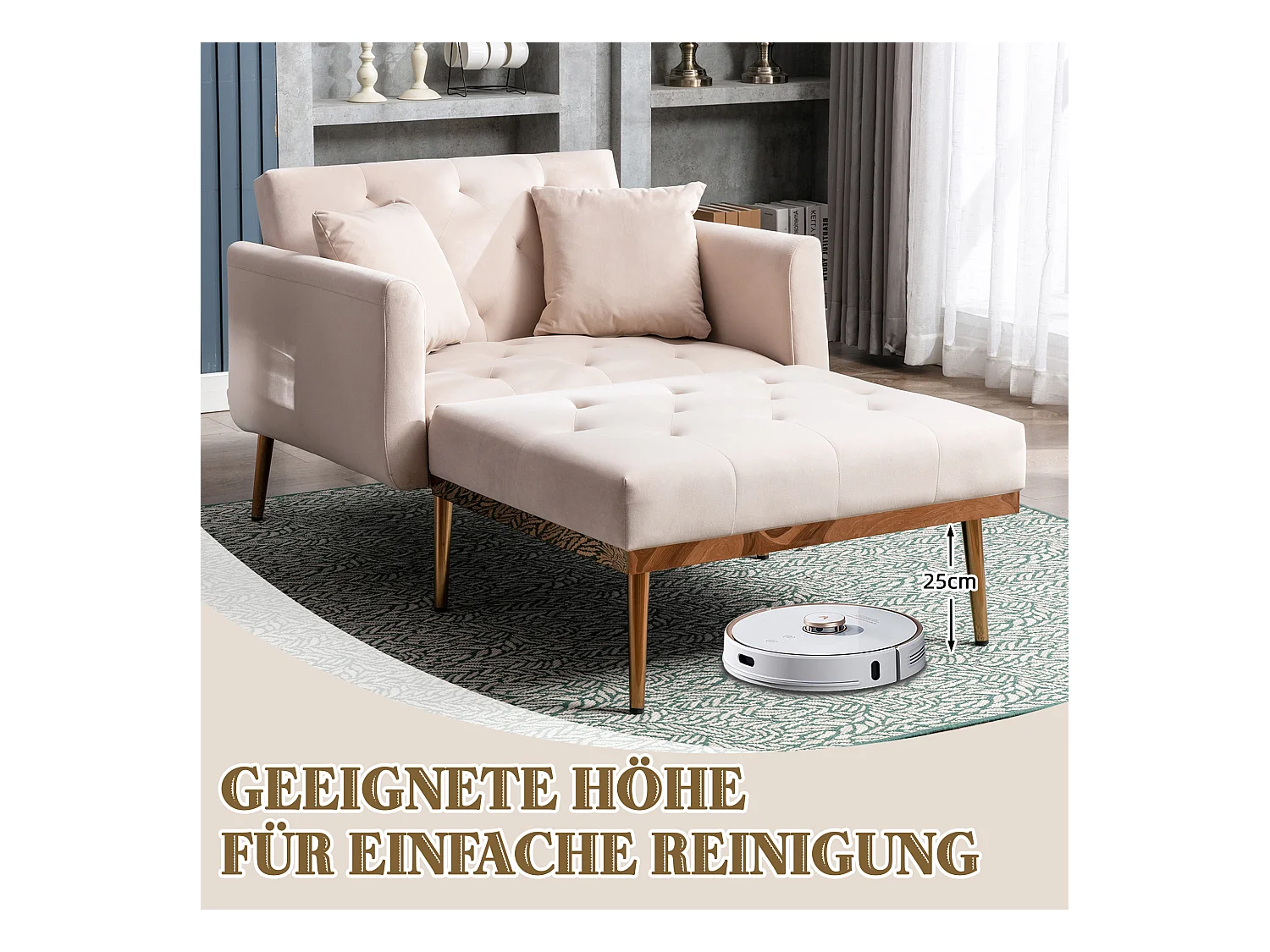 Fauteuil Moderne Réglable, Dossier Ajustable, Velours Beige (165x90x77 cm)